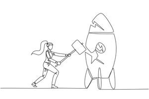 Continuous one line drawing businesswoman preparing to hit a standing rocket. Rampage. Not ready to accept new technology. Not ready for competition. Lost. Single line draw design illustration vector