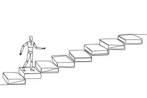 Single continuous line drawing smart robot climb stairs from book. Reading increases knowledge which can increase the dignity of better life. Book festival concept. One line design illustration vector