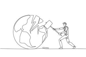 Continuous one line drawing businessman preparing to hit the big globe. Disappointed with the world. Businesses fall apart before it grow. Deepest anger. Single line draw design illustration vector