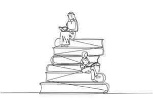 Single continuous line drawing Arab man woman sitting on pile of books reading book. High interest in reading. Opening horizons of thinking. Book festival concept. One line design illustration vector