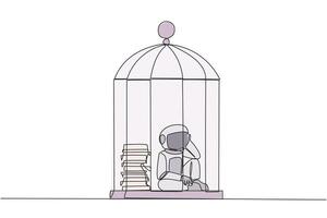 Continuous one line drawing astronaut trapped in the cage sitting down frustrated. Stress with piling up unfinished work until close to deadline. Exhausted. Single line draw design illustration vector