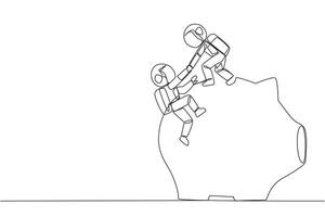 Single one line drawing astronaut helps colleague climb the big piggy bank. Remind each other in kindness. Investment for the future. Super great teamwork. Continuous line design graphic illustration vector