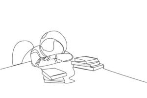 Single continuous line drawing astronaut asleep at table where there were piles of books. Tired after successfully finish favorite reading book. Love reading. One line design illustration vector