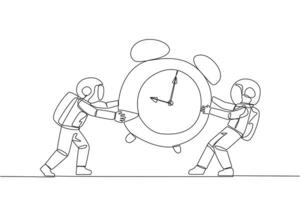 Continuous one line drawing two emotional astronaut fighting over the big alarm clock. The concept of fighting for rare items for prestige. Conflict. Space. Single line draw design illustration vector