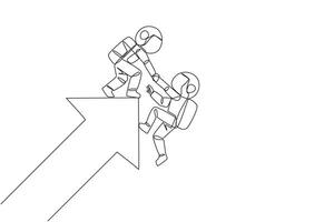 Single continuous line drawing astronaut helps colleague climb the big rising arrow symbol. Compact teamwork. Positive effect on company. Complete work correctly. One line design illustration vector