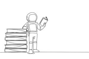 Single continuous line drawing astronaut standing reading book while leaning against a pile of large books. Hobby of reading anywhere. Very happy when reading. One line design illustration vector