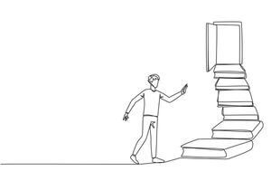 Single one line drawing man climb the stairs from the book stack. Towards the wide open door. Metaphor of finding the answers from books. Book festival. Continuous line design graphic illustration vector