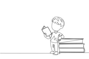 Continuous one line drawing boy standing reading a book while leaning against a pile of large books. Hobby of reading anywhere. Very happy when reading. Single line draw design illustration vector