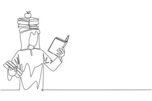 Single continuous line drawing Arabian man reading book practicing balance. Stack books on top of head along with the apple. Balancing reading rhythm, train focus. One line design illustration vector