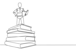 Single continuous line drawing smart robotic standing on a pile of books reading the fiction story book. Intrigued by book series. Read anywhere to finish reading. One line design illustration vector