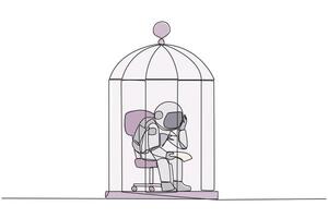 Continuous one line drawing astronaut trapped in the cage sitting pensively holding paper. Failed business. Read the bankruptcy statement. Frustration. Sad. Single line draw design illustration vector