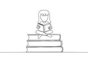 Single one line drawing girl sit cross-legged on pile of large books. Reading comic. Reading textbook. Read scientific journals. Reading increase insight. Continuous line design graphic illustration vector