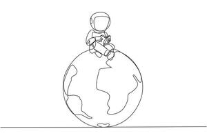 Single continuous line drawing astronaut sitting on big globe reading a book. The metaphor of reading can reach the world. Read everywhere. Book festival concept. One line design illustration vector