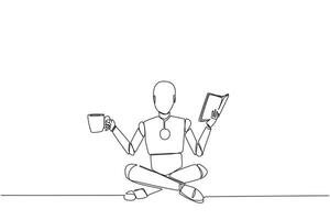 Single one line drawing smart robot sitting cross-legged reading book. Accompanied by mug of coffee to make reading more interesting. Knowledge. Calmness. Continuous line design graphic illustration vector