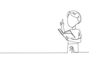 Single continuous line drawing boy standing reading a book. Gesture gets the idea. Books can see from different points of view. Brilliant idea from reading book. One line design illustration vector