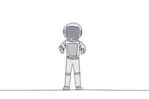 soltero continuo línea dibujo joven astronauta en pie derecho. sobrevivir inflación y pandemias mirando a el futuro de negocio es lleno de esperanzas de éxito. uno línea diseño ilustración vector