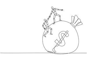 Single one line drawing robot helps colleague to climb the big money bag. Collaborate to gain mutual benefit. Stronger together. Great teamwork. Cohesive. Continuous line design graphic illustration vector