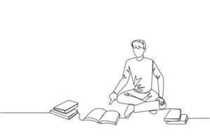 Single continuous line drawing man reading the books happily. Good reading interest. Really enjoy reading story books. Reading everywhere. Book festival concept. One line design illustration vector