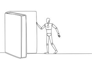 Single one line drawing robot open the book-shaped door. Book can open mind and see everywhere. Increase knowledge about the wider world. Book festival. Continuous line design graphic illustration vector