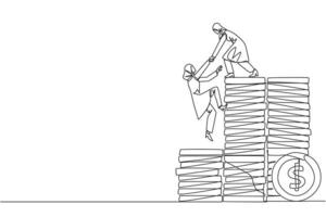 Single continuous line drawing Arab businesswoman helps colleague climb pile of coins. Metaphor help achieve financial targets before entering retirement. Teamwork. One line design illustration vector