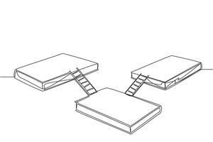 Single continuous line drawing three large books connected by stairs. Expo exhibition stage. Booth for exhibiting books. Book festival at outer space. Galaxy stage. One line design illustration vector