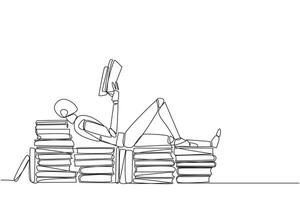 Single one line drawing robot lying down on a stack of books lined up. Relax while reading the fiction book. Enjoy the storyline. Book festival concept. Continuous line design graphic illustration vector