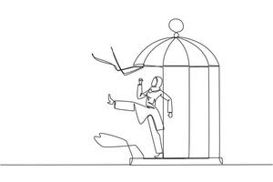 Single one line drawing Arab businesswoman trapped in cage kick the cage until wrecked. Freedom of expression for smooth running of business. Distractions. Continuous line design graphic illustration vector