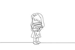 Single one line drawing girl standing hugging some books. Favorite book that finish reading. Some books will be donated to the national library. Knowledge. Continuous line design graphic illustration vector