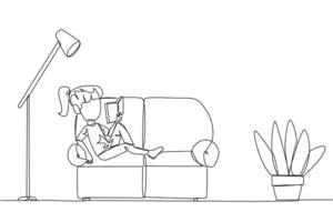 Continuous one line drawing girl sitting stretched out on the sofa reading a book. Really like the content of the book reading on each page. Impressive. Single line draw design illustration vector