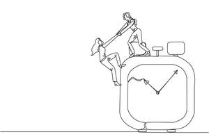 Single continuous line drawing businesswoman helps colleague climb the big alarm clock. Helping coworkers. Deadline is coming. Work together for better end result. One line design illustration vector