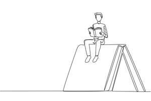 Single one line drawing man sitting on large tent-shaped book. Reading the adventure fiction books in the wild. Addicted to reading. Book festival concept. Continuous line design graphic illustration vector