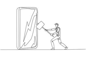 Continuous one line drawing businessman preparing to hit big smartphone. Rampage. Technology can destructive if not use properly. Intelligence is required. Single line draw design illustration vector