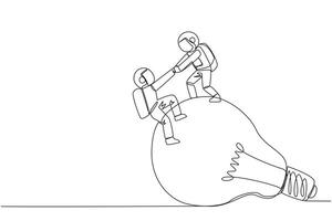 Single continuous line drawing young astronaut helps colleague climb the big lightbulb. Metaphor related to idea. Brainstorm to achieve the best brilliant ideas. One line design illustration vector