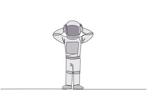 Continuous one line drawing astronaut standing straight holding head with both hands. Gestures excited or surprised. Unusual facial expressions. Startled. Single line draw design illustration vector