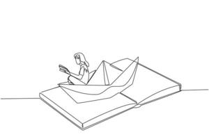 Single one line drawing woman reading a book on a paper boat. Maintain the good habits. The metaphor of reading can explore oceans. Book festival concept. Continuous line design graphic illustration vector