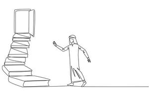 Single one line drawing Arab man climb stairs from the book stack. Towards the wide open door. Metaphor of finding the answers from books. Book festival. Continuous line design graphic illustration vector