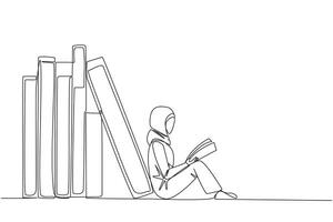 Continuous one line drawing Arabian woman reading sitting leaning against pile of books. Habit of reading books every day. Library. Book festival concept. Single line draw design illustration vector