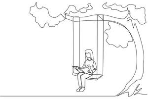 Single continuous line drawing woman sitting on a swing under a shady tree reading a book. High enthusiasm for reading. Read anywhere. Reading increases insight. One line design illustration vector