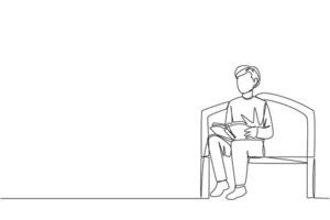 Single continuous line drawing man sitting and reading on chair in university park. Prepare for the final exams with serious reading. Book festival concept. Clever. One line design illustration vector