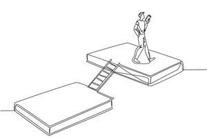 Single continuous line drawing man walking reading on books. A book exhibition concept. Display many books, from scientific books to fiction story books. Book festival. One line illustration vector