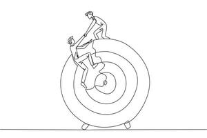 Continuous one line drawing businessman helps colleague climb arrow board target. Metaphors help focus on completing tasks one at time. Success together. Single line draw design illustration vector