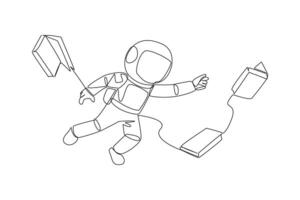 Single continuous line drawing astronauts floating in space trying to pick up books. No gravity makes it float. Basic space knowledge. Space book festival concept. One line design illustration vector