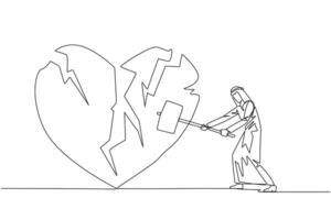 Continuous one line drawing Arabian businessman preparing to hit the big heart. Broken heart. Loss of concentration. Emotional feeling. No direction. Angry. Single line draw design illustration vector