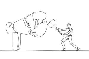 Single continuous line drawing businessman preparing to hit a big megaphone. Rampage. Destroy of hoax information that damage business stability. Destroy slander. One line design illustration vector