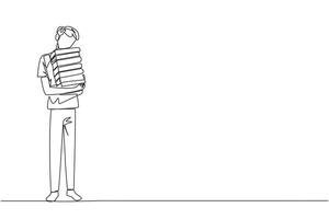 Continuous one line drawing man standing hugging some books. Favorite book that finish reading. Some books will be donated to national library. Charity. Knowledge. Single line draw illustration vector