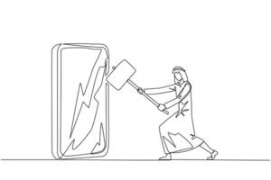 Continuous one line drawing Arabian businessman preparing to hit big smartphone. Technology can destructive if not use properly. Intelligence is required. Single line draw design illustration vector