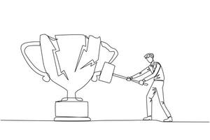 Single one line drawing businessman preparing to hit the big trophy. Rampage. Expressing mounting anger. Smashing the trophy with a sledgehammer. Failed. Continuous line design graphic illustration vector