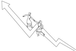 Single continuous line drawing Arabian businesswoman helps colleague to climb rising arrow symbol. Help each other to achieve satisfactory targets. Grow together. One line design illustration vector