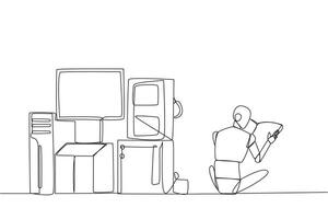 Continuous one line drawing robots are assembling super powerful computers. Hardware created based on intelligent robot analysis. Book festival concept. Single line draw design illustration vector