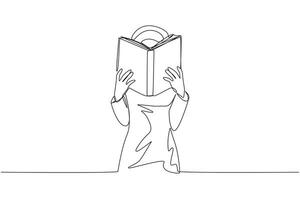 Single continuous line drawing Arab woman seriously reading book until cover the face. Nervous when facing the final exams. Try to focus. Reading increase insight. One line design illustration vector